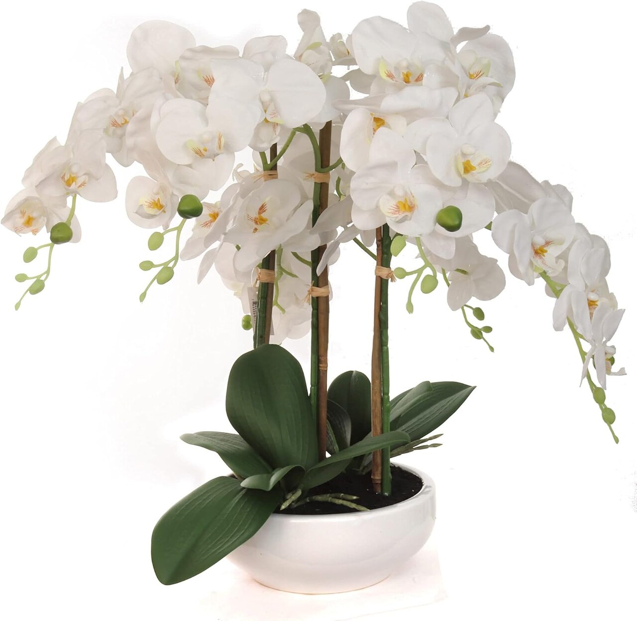 3-Pack Premium White Phalaenopsis Orchids | 9"x13" Decorative Bowl – Elegant Faux Floral Decor for Home & Office